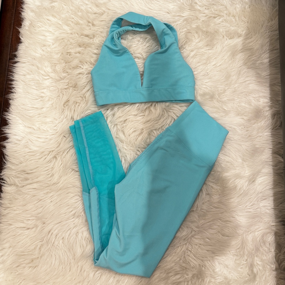 Beach Riot Neon Turquoise Ribbed Workout Set Sz S